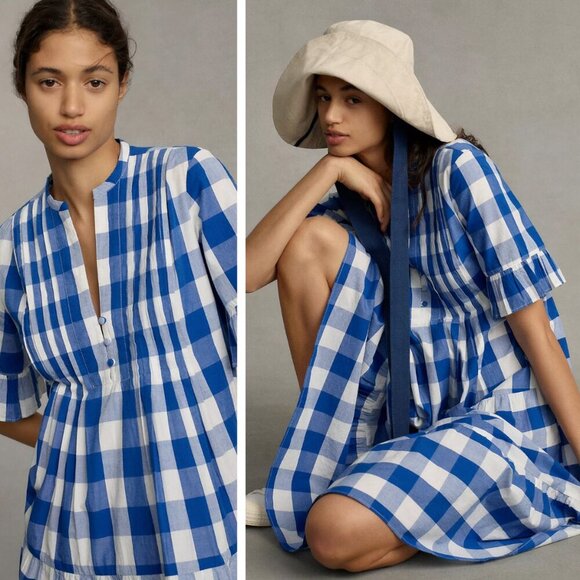 Anthropologie WHIT TWO Gingham Tiered Midi Dress Preppy Coastal Spring Summer - Picture 1 of 10